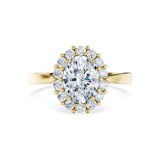 Luxuriöser Oval Halo Verlobungsring mit Lab Grown Diamant in 14K/18K Gelbgold. Perfekter Verlobungsring mit funkelndem Mittelstein und Brillanten-Halo für maximale Brillanz.