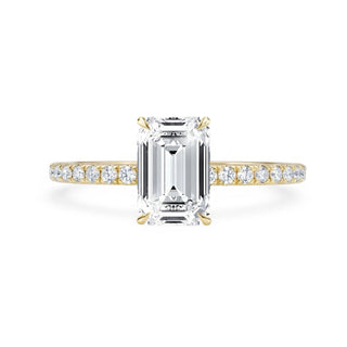 Emerald Cut Verlobungsring in 750 Gelbgold mit Lab-Grown-Diamant, Pavé-Schiene und Hidden Halo