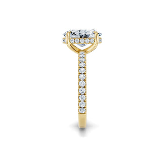 Obere Draufsicht auf einen klassischen Solitärring mit Pavé-Fassung, Hidden Halo und Gelbgoldfassung