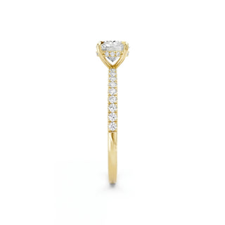 Eleganter Verlobungsring aus massivem 750 Gelbgold mit Brillantschliff Diamant, Pavé-Schiene und Hidden Halo